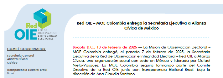 MOE Colombia entrega la Secretaría Ejecutiva a Alianza Cívica de México