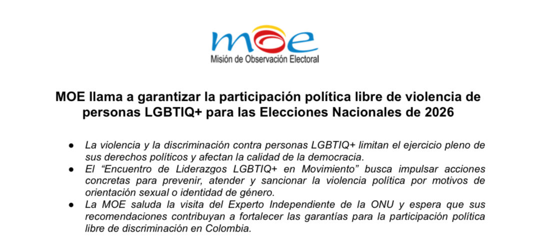 MOE llama a garantizar la participación política libre de violencia de personas LGBTIQ+ para las Elecciones Nacionales de 2026