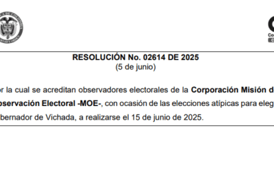 Resoluciones de acreditación de observadores electorales para la Elección Atípica en el departamento de Vichada (RESOLUCIÓN No. 02614 DE 2025 y RESOLUCIÓN No. 02635 DE 2025)