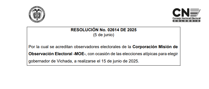 Resoluciones de acreditación de observadores electorales para la Elección Atípica en el departamento de Vichada (RESOLUCIÓN No. 02614 DE 2025 y RESOLUCIÓN No. 02635 DE 2025)